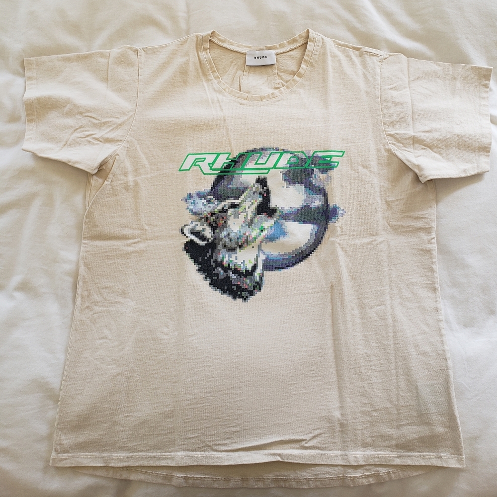 Rhude Cream Graphic Short Sleeve Tee with Green Logo